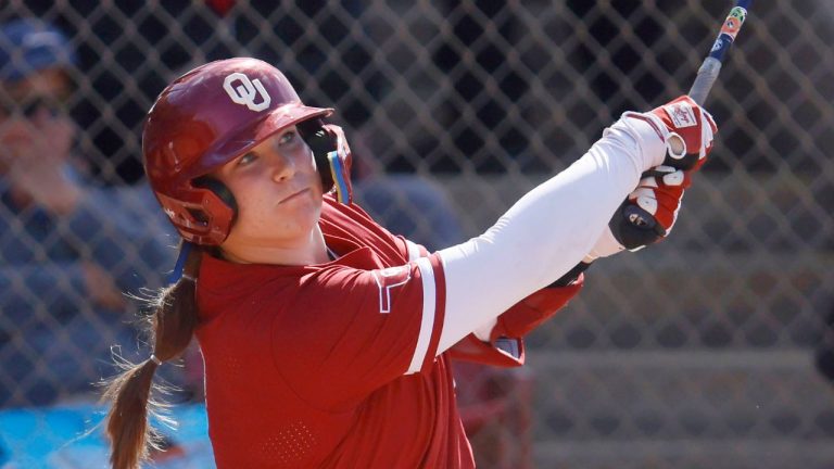 Oklahoma catcher Kendall Wells during an NCAA softball game against Duke on Friday, Feb. 20, 2026, in Cathedral City, Calif. (AP/Mike Buscher, FIle)