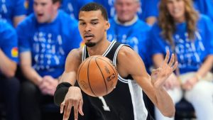 San Antonio Spurs forward Victor Wembanyama (1) passes during the first half of Game 1 in a third-round NBA basketball playoffs series against the Oklahoma City Thunder Monday, May 18, 2026, in Oklahoma City. (Tony Gutierrez/AP)