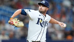 Tampa Bay Rays pitcher Shane McClanahan strikes out Baltimore Orioles' Pete Alonso for his 500th career strike out during the third inning of a baseball game Monday, May 18, 2026, in St. Petersburg, Fla. (Chris O'Meara/AP)