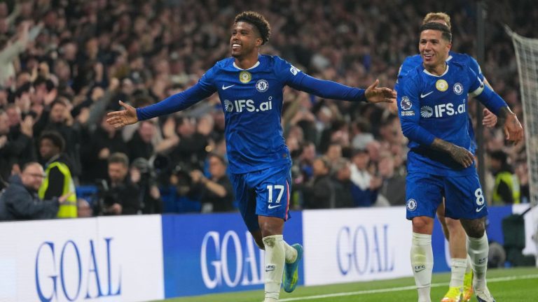 Chelsea's Andrey Santos, left, celebrates after scoring during a Premier League match between Chelsea and Tottenham in London, Tuesday, May 19, 2026. (Kirsty Wigglesworth/AP)
