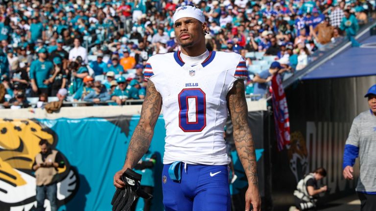 Buffalo Bills wide receiver Keon Coleman enters the field after halftime against the Jacksonville Jaguars in an NFL wild card playoff game, Sunday, Jan. 11, 2026, in Jacksonville, Fla. The Bills defeated the Jaguars 27-24. (Gary McCullough/AP)