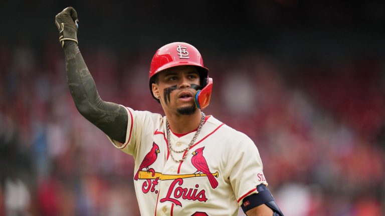 St. Louis Cardinals' Masyn Winn celebrates after hitting a sacrifice fly to score Nathan Church during the fifth inning of a baseball game against the Kansas City Royals Saturday, May 16, 2026, in St. Louis. (Jeff Roberson/AP)