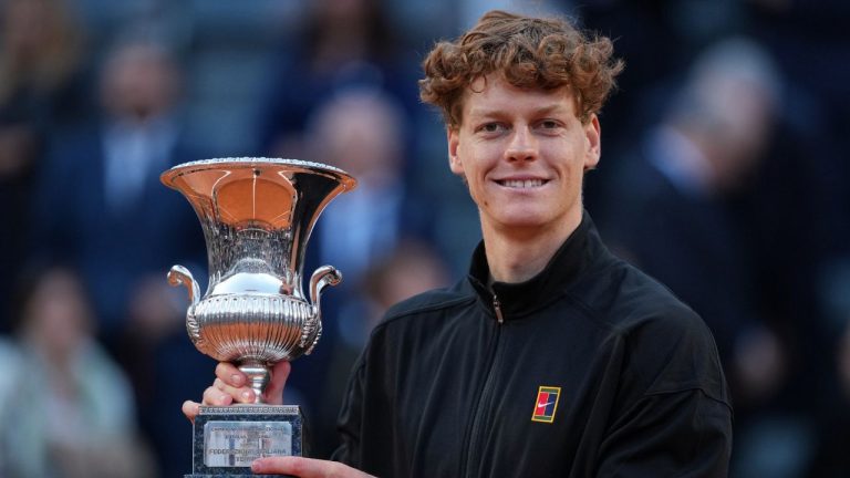 Jannik Sinner, of Italy, poses with his trophy after defeating Casper Ruud, of Norway, 6/4, 6/4 in the final match to win the Italian Open tennis tournament, in Rome, Sunday, May 17, 2026. (Andrew Medichini/AP)