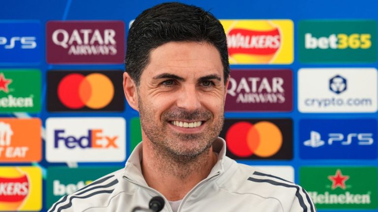 Arsenal manager Mikel Arteta smiles during a press conference in London, Thursday May 21, 2026. (Gareth Fuller/PA via AP)