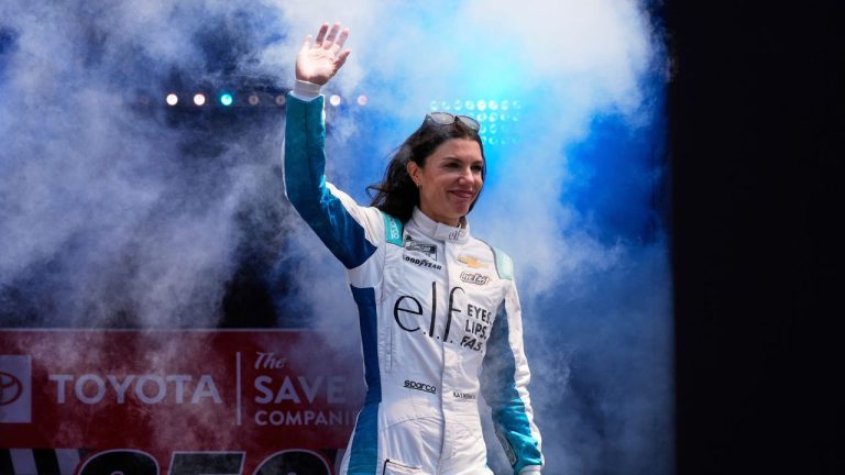 Katherine Legge is introduced before a NASCAR Cup Series race at Sonoma Raceway, Sunday, July 13, 2025, in Sonoma, Calif. (Godofredo A. Vásquez/AP)
