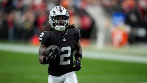 Las Vegas Raiders running back Ashton Jeanty warms up before an NFL game against the Kansas City Chiefs Sunday, Jan. 4, 2026, in Las Vegas. (John Locher/AP)