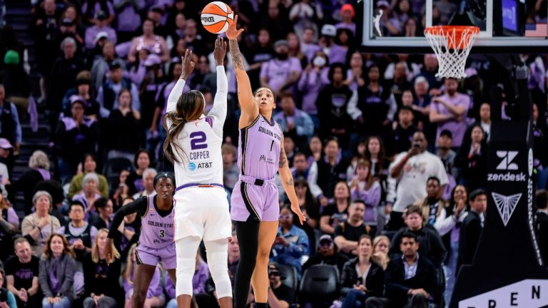 Golden State Valkyries' Gabby Williams (1) blocks a shot by Phoenix Mercury's Kahleah Copper in the second half of an WNBA basketball game in San Francisco, Sunday, May 10, 2026. (Carlos Avila Gonzalez/San Francisco Chronicle via AP)