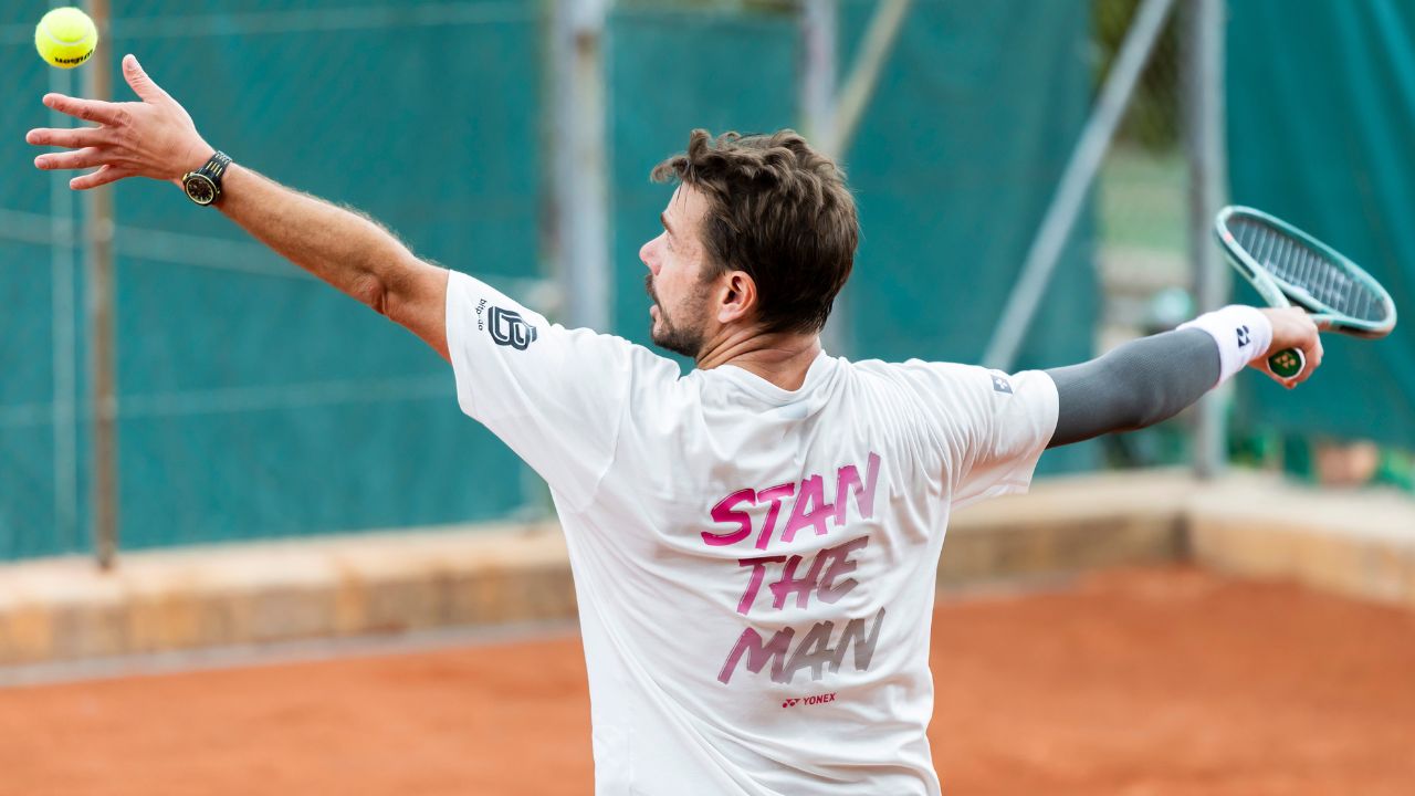 Stan Wawrinka of Switzerland serves a ball during a training session at the ATP 250 Geneva Open tournament, in Geneva, Switzerland, Saturday, May 16, 2026. (Salvatore Di Nolfi/Keystone via AP)