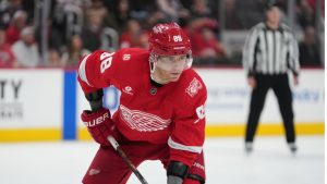 Detroit Red Wings' Patrick Kane plays against the Columbus Blue Jackets in the second period of an NHL game Tuesday, April 7, 2026, in Detroit. (Paul Sancya/AP)