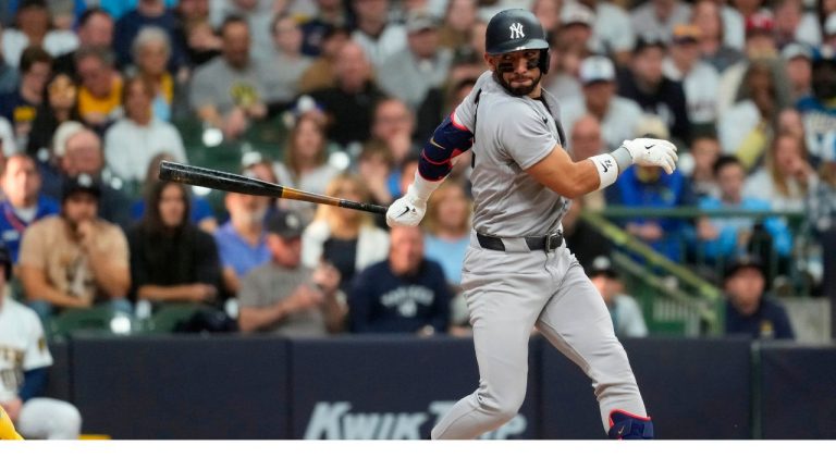 New York Yankees' José Caballero bats during a baseball game against the Milwaukee Brewers, Saturday, May 9, 2026, in Milwaukee. (Aaron Gash/AP)