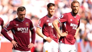 West Ham United's Jarrod Bowen, left, looks down towards the ground during the Premier League match between West Ham and Leeds United, in London, Sunday May 24, 2026. (Nick Potts/AP)
