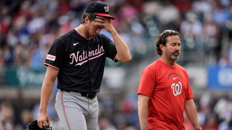 Washington Nationals pitcher Jake Irvin walks off the mound in the sixth inning of a baseball game against the Atlanta Braves, Saturday, May 23, 2026, in Atlanta. (Mike Stewart/AP)