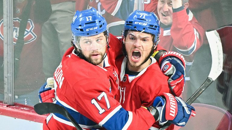 Montreal Canadiens' Jake Evans celebrates with teammate Josh Anderson after scoring against the Buffalo Sabres during first period, second round, Game 6, NHL playoff hockey action in Montreal on Saturday, May 16, 2026. (Graham Hughes/CP)