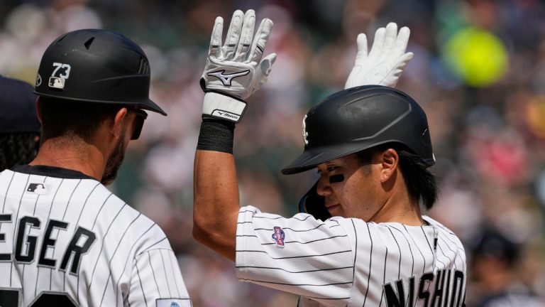 Chicago White Sox's Rikuu Nishida, of Japan, celebrates after hitting a single during the fourth inning of a baseball game against the Minnesota Twins in Chicago, Monday, May 25, 2026. (Nam Y. Huh/AP)
