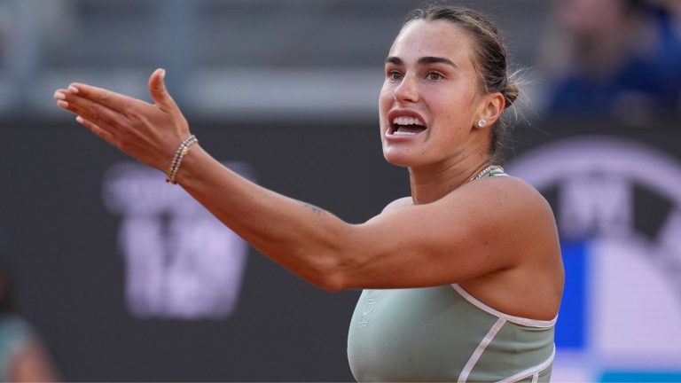 Belarus' Aryna Sabalenka reacts during the match against Romania's Sorana Cirstea at the Italian Open tennis tournament in Rome, Saturday, May 9, 2026. (Alessandra Tarantino/AP)