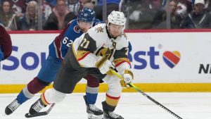 Vegas Golden Knights center William Karlsson, front, collects the puck as Colorado Avalanche left wing Artturi Lehkonen (62) pursues during the second period in Game 2 of the Western Conference finals NHL Stanley Cup playoff series Friday, May 22, 2026, in Denver. (David Zalubowski/AP)