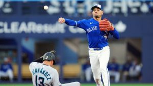 Toronto Blue Jays' shortstop Andrés Giménez (0) forces an out on Miami Marlins' Heriberto Hernández (13) during fifth inning MLB action in Toronto on Tuesday May 26, 2026. (Frank Gunn/CP)