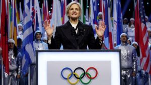 IOC President Kirsty Coventry speaks during the Olympic opening ceremony at the 2026 Winter Olympics, in Milan, Italy, Friday, Feb. 6, 2026. (Yves Herman/Pool Photo via AP)