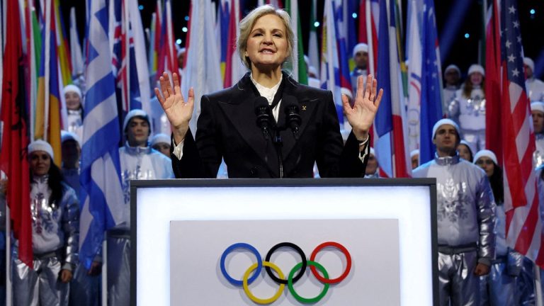 IOC President Kirsty Coventry speaks during the Olympic opening ceremony at the 2026 Winter Olympics, in Milan, Italy, Friday, Feb. 6, 2026. (Yves Herman/Pool Photo via AP)