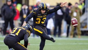 Hamilton Tiger-Cats kicker Marc Liegghio kicks a field goal during first half CFL eastern final football action in Hamilton, Ont., Saturday, Nov. 8, 2025. (Frank Gunn/CP)