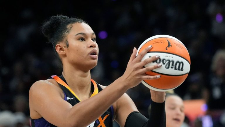 Former Phoenix Mercury forward Satou Sabally shoots a foul shot against the Minnesota Lynx during the second half of Game 3 of a WNBA basketball playoff semifinals series game Friday, Sept. 26, 2025, in Phoenix. (Ross D. Franklin/AP)