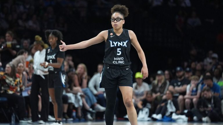 Minnesota Lynx guard Olivia Miles gestures during the first half of a WNBA game against the Atlanta Dream Wednesday, May 27, 2026, in Minneapolis. (Abbie Parr/AP)