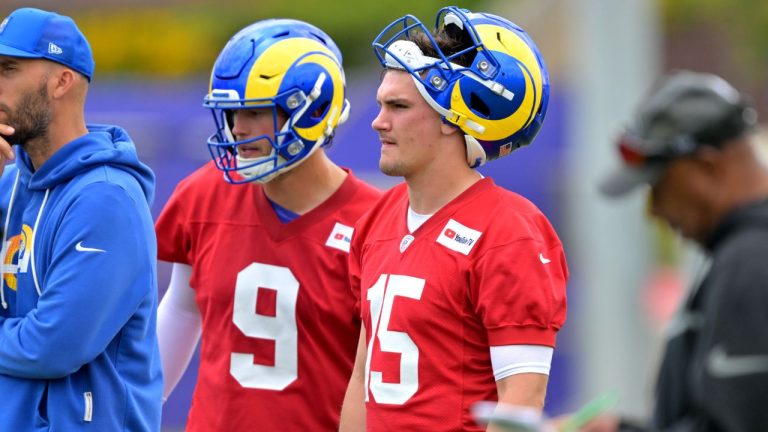 Los Angeles Rams quarterbacks Matthew Stafford and Ty Simpson look on during the NFL team's practice Thursday, May 28, 2026, in Los Angeles. (Jayne Kamin-Oncea/AP)