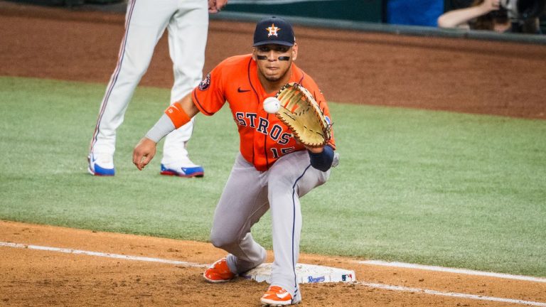 Houston Astros' Isaac Paredes catches a ball at first base during the fifth inning of a baseball game against the Texas Rangers, Thursday, May 28, 2026, Arlington, Texas. (Jessica Tobias/AP)