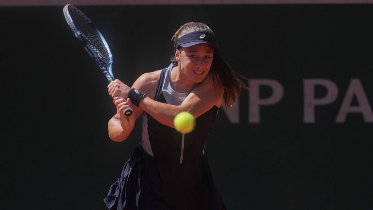 Turkey's Zeynep Sonmez in action during a first round singles tennis match at the French Open in Paris, Monday, May 25, 2026. (Dave Shopland/AP)