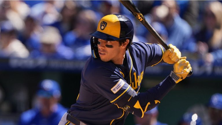 Milwaukee Brewers left fielder Christian Yelich bats during the fifth inning of a baseball game against the Kansas City Royals, Sunday, April 5, 2026, in Kansas City, Mo. (Charlie Riedel/AP)