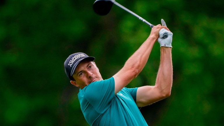 Jordan Spieth hits from the 18th tee during first round of the Truist Championship golf tournament at the Quail Hollow Club, Thursday, May 7, 2026, in Charlotte, N.C. (AP/Chris Carlson)