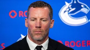 Vancouver Canucks general manager Ryan Johnson speaks with media during an announcement in Vancouver, on Thursday, May 14, 2026. (CP/Ethan Cairns)