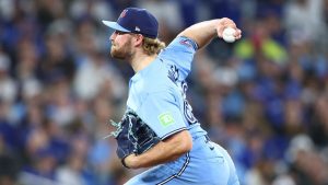 Spencer Miles of the Toronto Blue Jays pitches during a game against the Minnesota Twins at Rogers Centre on April 11, 2026 in Toronto. (Vaughn Ridley/Getty Images)