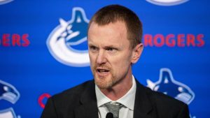 Vancouver Canucks co-president Henrik Sedin speaks with media during an announcement in Vancouver, on Thursday, May 14, 2026. (Ethan Cairns/CP)