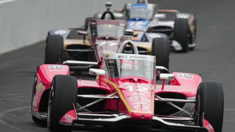 Will Power, of Australia, drives into the first turn during of the Indianapolis 500 race at Indianapolis Motor Speedway in Indianapolis, Sunday, May 25, 2025. (AJ Mast/AP)