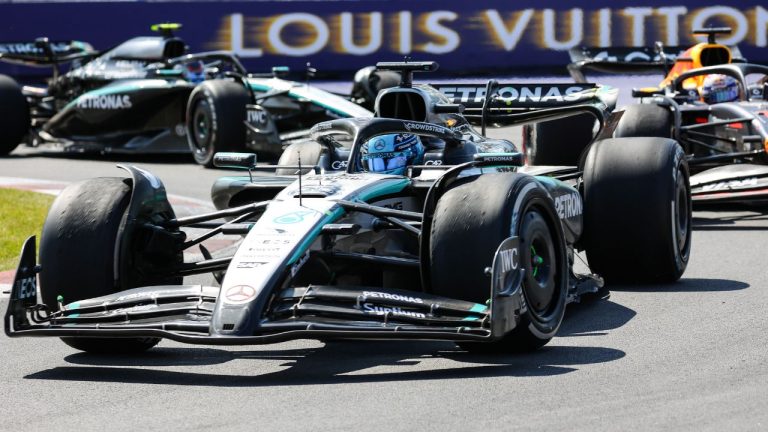 Mercedes driver George Russell of the United Kingdom, leads Red Bull Racing driver Max Verstappen of the Netherlands, and Mercedes driver Kimi Antonelli of Italy, through the hairpin during Formula One auto racing action at the Canadian Grand Prix, in Montreal on Sunday, June 15, 2025. (Evan Buhler/CP)