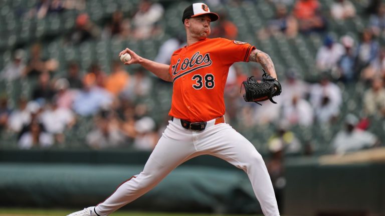 Baltimore Orioles starting pitcher Kyle Bradish (38) delivers during the third inning of a baseball game against the New York Yankees, Wednesday, May 13, 2026, in Baltimore. (AP Photo/Stephanie Scarbrough)