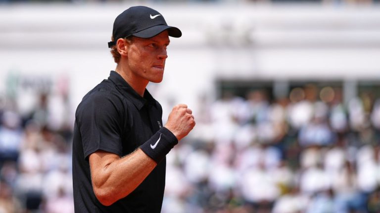 Italy's Jannik Sinner reacts as he plays Andrey Rublev, during their match at the Italian Open in Rome, Thursday, May 14, 2026. (Andrew Medichini/AP)