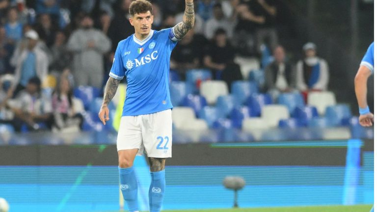 Napoli's Giovanni Di Lorenzo celebrates after scoring during the Italian Serie A soccer match between Napoli and Bologna in Naples, Italy, Monday, May 11, 2026. (Alessandro Garofalo/AP)