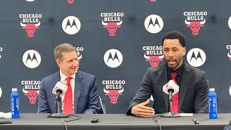 Chicago Bulls president and CEO Michael Reinsdorf, left, and the NBA basketball team's new executive vice president of basketball operations Bryson Graham address the media at a news conference in Chicago, Wednesday, May 6, 2026. (AP Photo/Andrew Seligman)