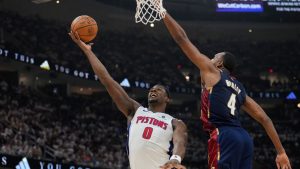Detroit Pistons center Jalen Duren shoots as Cleveland Cavaliers center Evan Mobley defends in the second half of Game 3 of an NBA Playoffs second-round series Saturday, May 9, 2026 in Cleveland. (Sue Ogrocki/AP)