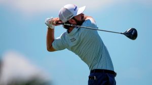 Cameron Young hits from the fifth tee during the third round of the Cadillac Championship PGA golf tournament Saturday, May 2, 2026, in Doral, Fla. (AP Photo/David J. Phillip)