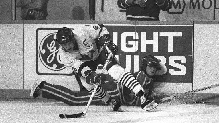 Laval Voisins forward Mario Lemieux (66) leaves Kamloops Junior Oilers defenceman Rob Brown lying on the ice as he spins around during first-period Memorial Cup action in Kitchener, Ont., on May, 15, 1984. (Gary Hershorn/CP)