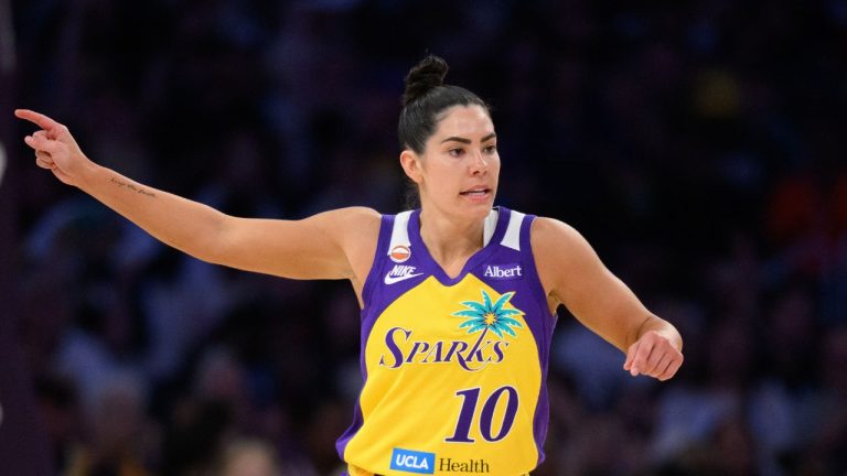 Los Angeles Sparks guard Kelsey Plum (10) gestures during a WNBA game against the Las Vegas Aces in Los Angeles, Sunday, May 10, 2026. (Kyusung Gong/AP)