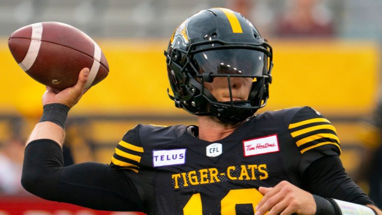 Hamilton Tiger-Cats quarterback Matthew Shiltz throws during warm-up prior to CFL football game action against the Ottawa Redblacks in Hamilton, Ont. on Saturday, July 8, 2023. (Peter Power/CP)