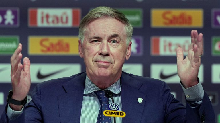 Brazil's national soccer team head coach Carlo Ancelotti announces the players who will play friendly matches against France and Croatia in preparation for the upcoming World Cup, in Rio de Janeiro, Monday, March 16, 2026. (Silvia Izquierdo/AP)