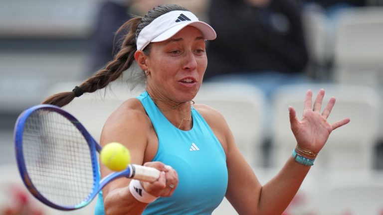 United States' Jessica Pegula returns the ball to Switzerland's Rebeka Masarova, during their match at the Italian Open tennis tournament in Rome, Sunday, May 10, 2026. (Andrew Medichini/AP)