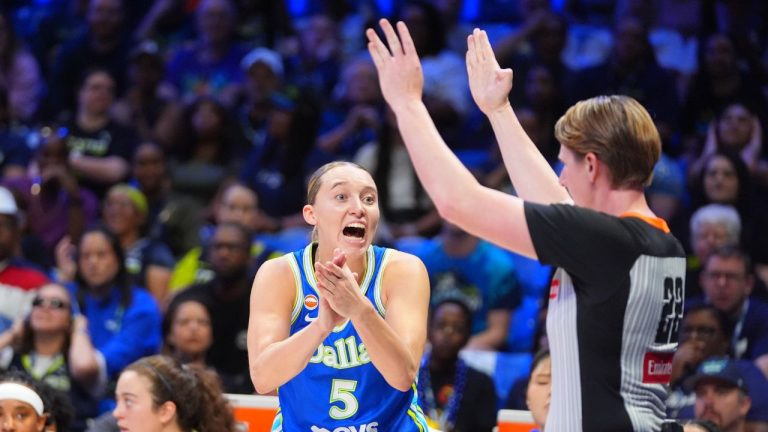 Dallas Wings guard Paige Bueckers reacts to a call during the first half of a WNBA basketball game against the Atlanta Dream in Arlington, Texas, Tuesday, May 12, 2026. (LM Otero/AP)