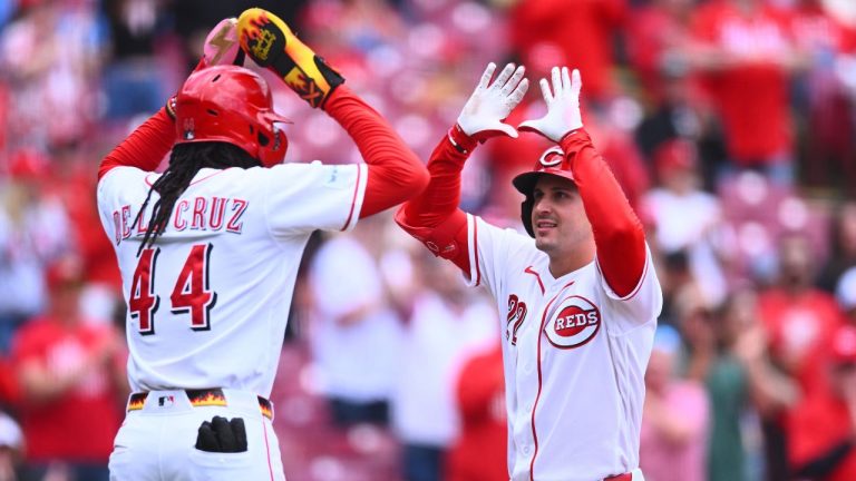 Cincinnati Reds' JJ Bleday, right, celebrates his two-run home run with Elly de la Cruz, left, during the seventh inning of a baseball game against the Washington Nationals in Cincinnati, Thursday, May 14, 2026. (Ben Jackson/AP)