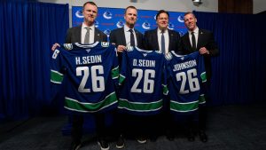 Vancouver Canucks co-president Henrik Sedin, from left to right, co-president Daniel Sedin, chairman and owner Francesco Aquilini and general manager Ryan Johnson pose for a photo during an announcement for the management change in Vancouver, on Thursday, May 14, 2026. (Ethan Cairns/CP)